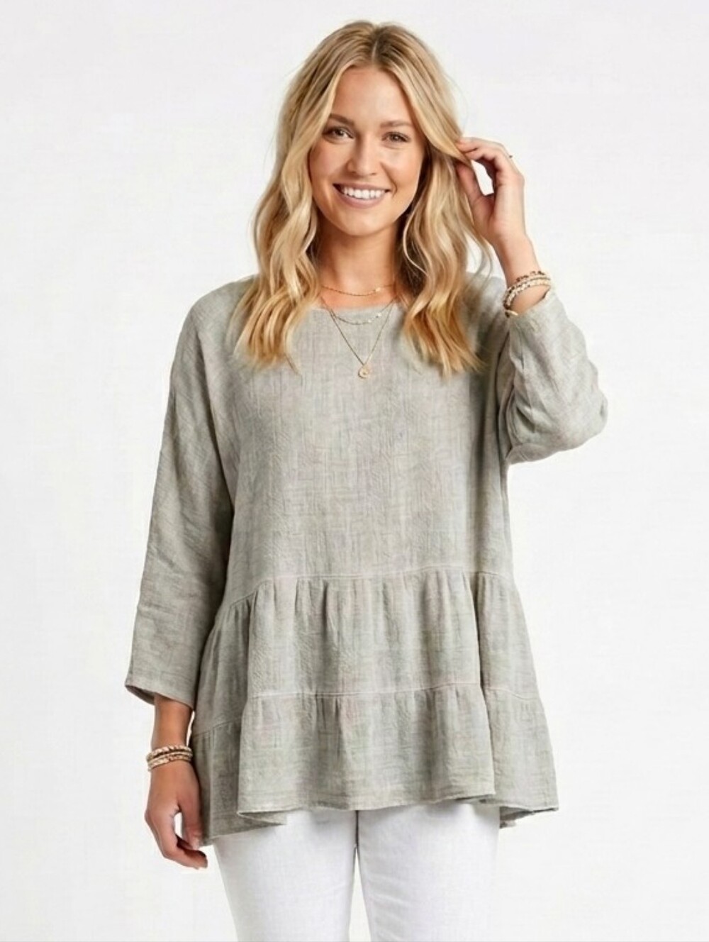Gabriella Made in Italy Linen Cotton Blend Tiered Peplum Top Grey M/L